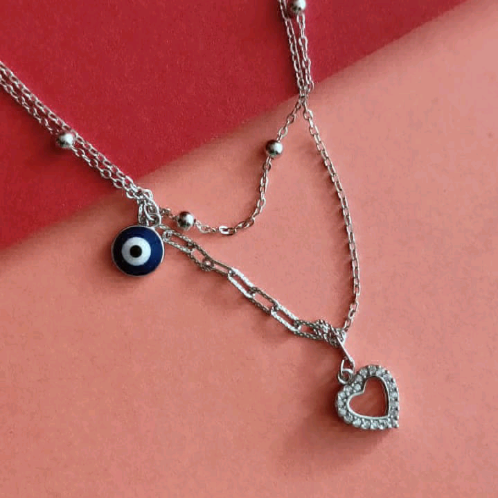 Two Layer Evil Eye  Heart Necklace 